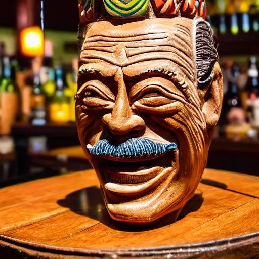 Image similar to a closeup photorealistic photograph of smiling salvador dali at trader vic's bar sitting next to a trader vic's style tiki mug featuring the face of salvador dali. tiki culture. bright scene. 4 k hd image that's trending on artstation, featured on behance, well rendered, extra crisp, features epic composition and the style of unreal engine.