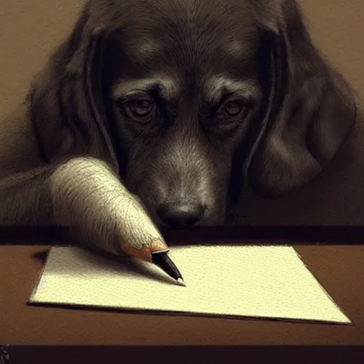 Image similar to a dog writing a letter with a pencil, art by greg rutkowski, intricate, elegant, highly detailed, smooth, sharp focus, artstation