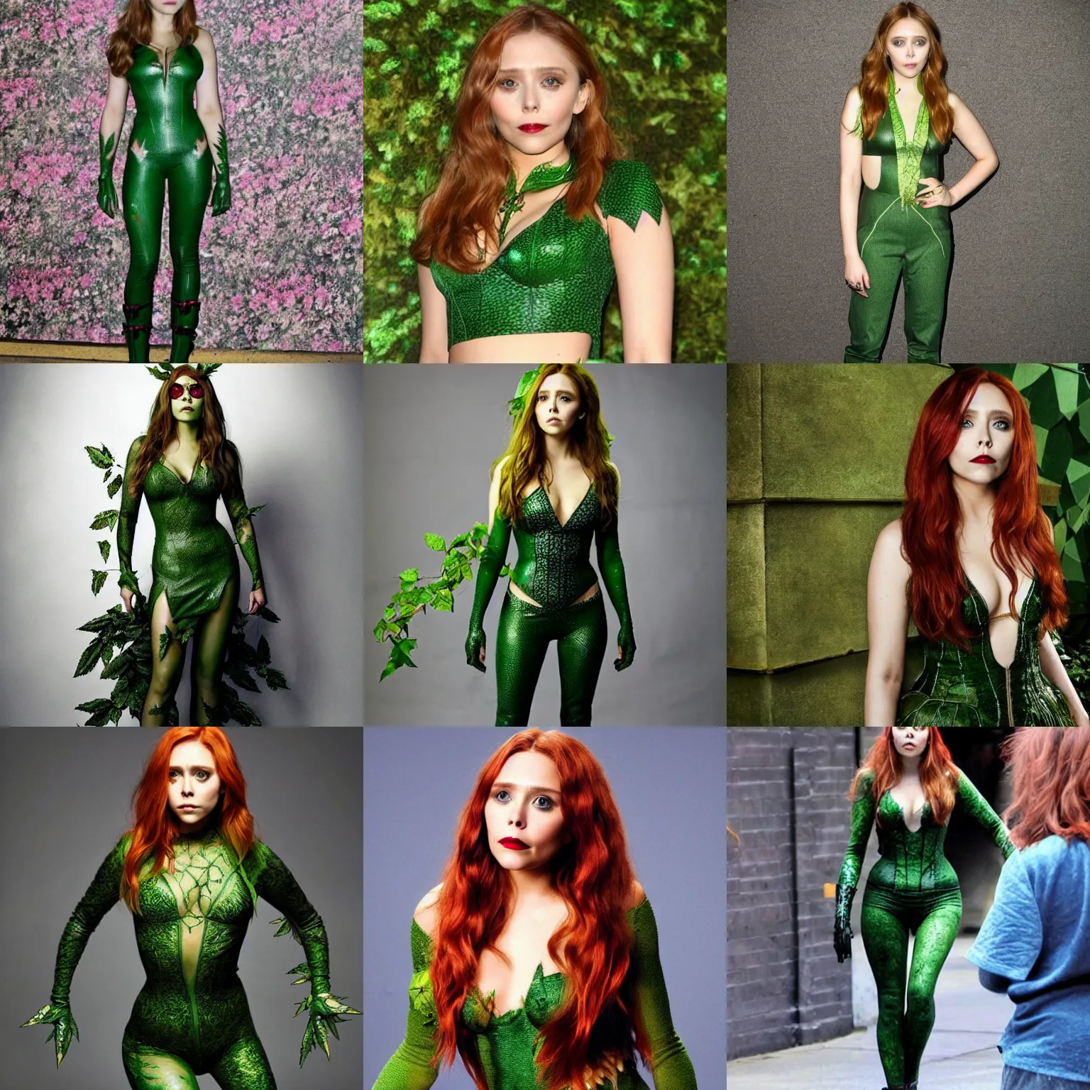 Prompt: elizabeth olsen as Poison Ivy, full body