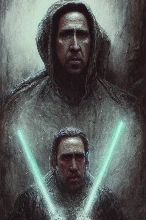 Image similar to Nicholas Cage Sith Lord, star wars, dark fantasy, intricate, highly detailed, smooth, artstation, painted by Wayne Barlowe, Greg Rutkowski, zdislav beksinski, Francis Bacon