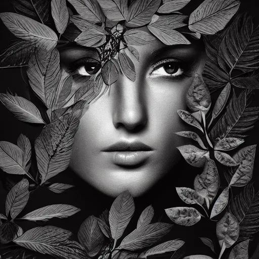 Prompt: botanical shadow portrait art portrait portrait beautiful plants face composite image by photoshop digital art trending on behance hyperdetail