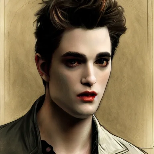 Image similar to edward cullen from twilight, diffuse lighting, fantasy, intricate, elegant, highly detailed, lifelike, photorealistic, digital painting, artstation, illustration, concept art, smooth, sharp focus, art by john collier and albert aublet and krenz cushart and artem demura and alphonse mucha