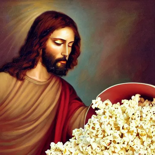 Prompt: jesus holding a big bucket of popcorn
