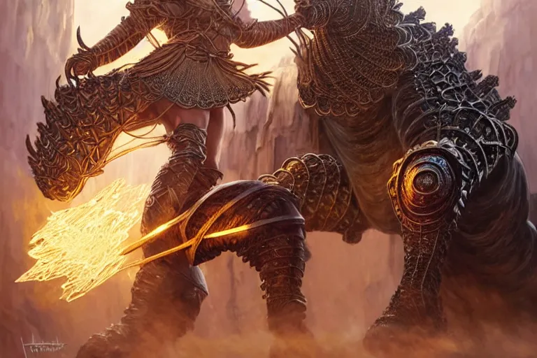 Prompt: mage fighting a behemoth, leather mantle, blonde braided hair mage wearing leather carved crystal armor, crystal plants, movie action still frame, intricate, elegant, highly detailed, hyper realistic, digital painting, concept art, smooth, sharp, focus, illustration, art by artgerm, greg rutkowski, ilya kuvshinov, alphonse mucha