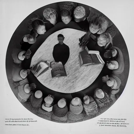 Image similar to A beautiful body art of a group of people standing around a circular table. In the center of the table is a large, open book. The people in the body art are looking at the book with interest and appear to be discussing its contents. obsidian by Edward Steichen, by Scott Listfield neat