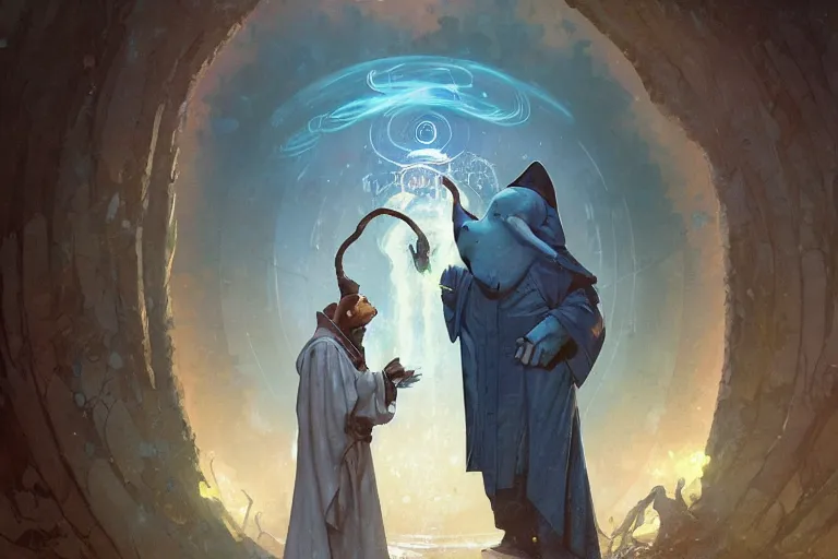 Image similar to an anthropomorphic Loxodon wizard wearing long flowing robes teaches his apprentice a new magical spell in front of a magical gateway to another universe, illustration by greg rutkowski, thomas kindkade, alphonse mucha, loish, norman rockwell, artstation, furaffinity