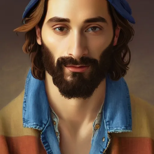 Prompt: an extremely detailed painting of a ridiculously good looking jesus that looks like a jewish gigachad hipster, wearing a jean jacket with the supreme logo and a backwards baseball cap, very detailed, beautiful, intricate, cinematic, artstation, william bouguereau, alphonse mucha, greg rutkowski, rossdraws, octane render