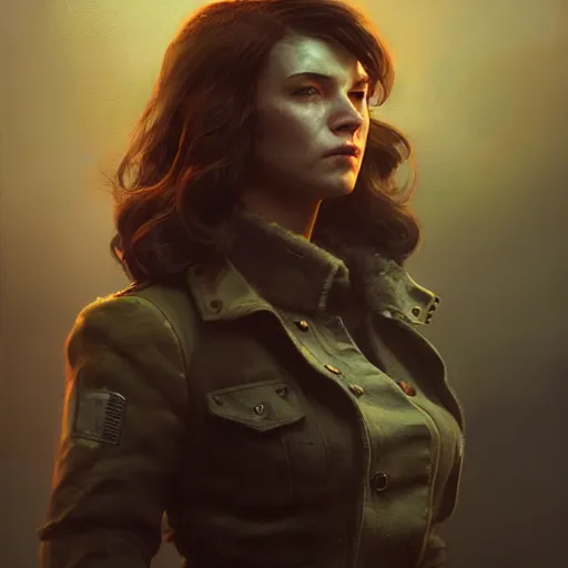 Image similar to fallout 5, charismatic brunette female protagonist, portrait, atmospheric lighting, painted, intricate, volumetric lighting, beautiful, daytime, sunny weather, slight overcast, sharp focus, deep colours, ultra detailed, by leesha hannigan, ross tran, thierry doizon, kai carpenter, ignacio fernandez rios