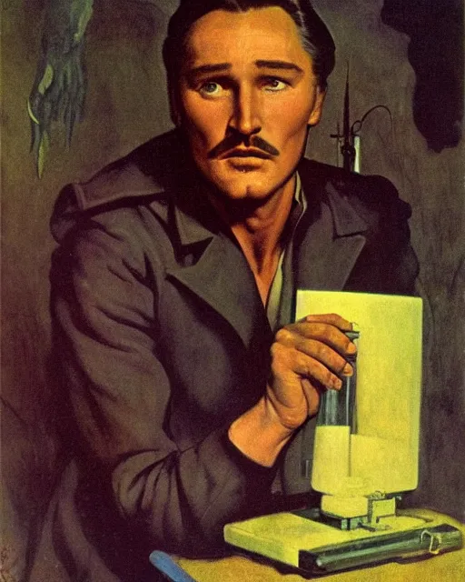 Prompt: Errol Flynn as a scientist. 1980s dystopian Soviet Russia, propaganda screens. Fantasy art by Gustave Courbet, Rosa Bonheur, Edward Hopper, Ilya Yefimovich Repin, Jean-François Millet, Andrew Newell Wyeth. Faithfully depicted facial expression, perfect anatomy, sharp focus, global illumination, radiant light, detailed and intricate environment, trending on ArtStation