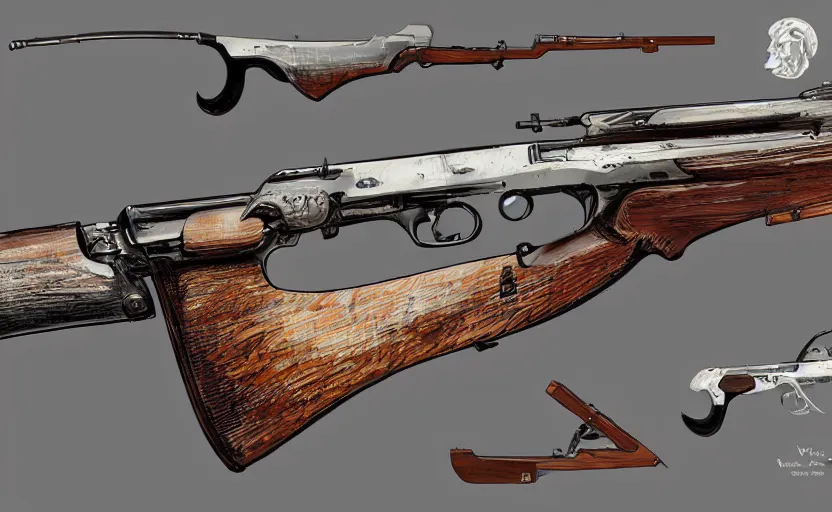 Image similar to Digital drawing of a muzzleloaded flintlock AK47 rifle from the site grabAgun, gunbroker, white background, firearms, professional gunsmithing, top down drawing, gun auction, 4k. high quality, concept art, art by Jean Giraud and Shirow Masamune, gun art reference, postapocalyptic