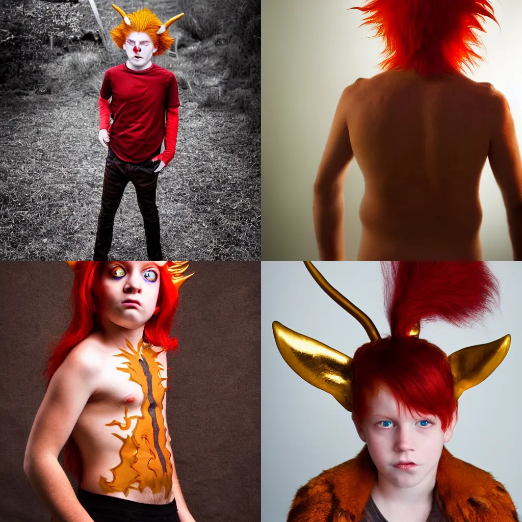 Prompt: a red haired boy with golden eyes and demon horns and a spiked tail. By Steven Belledin