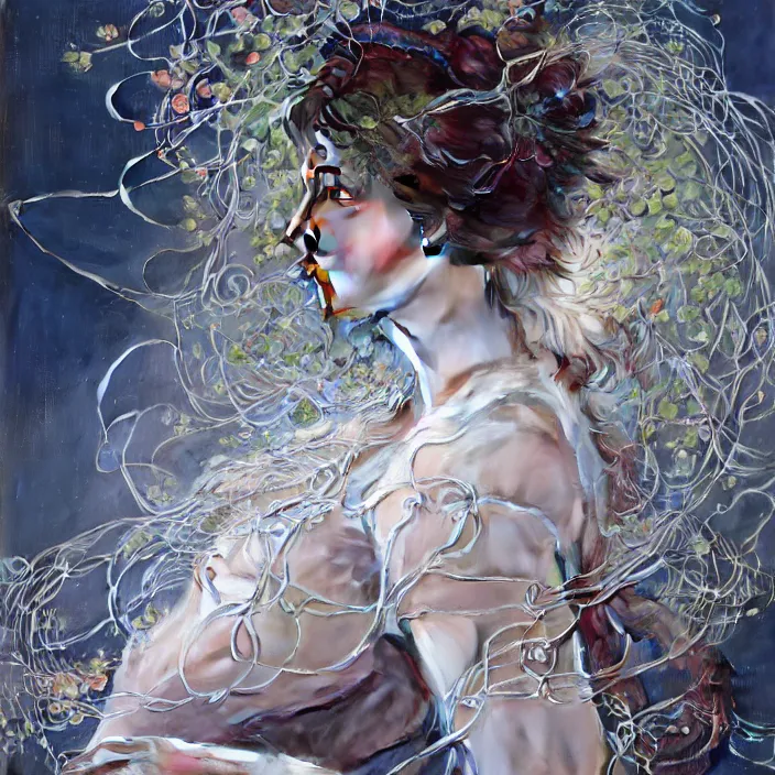 Image similar to hyperrealist portrait of a 2 0 4 4 space sport engineer, it is decorated with long wires and white petals that fall like vines and wears a huge computer crown. by jeremy mann and alphonse mucha, fantasy art, photo realistic, dynamic lighting, artstation, poster, volumetric lighting, dramatic light, very detailed faces, 8 k, award winning