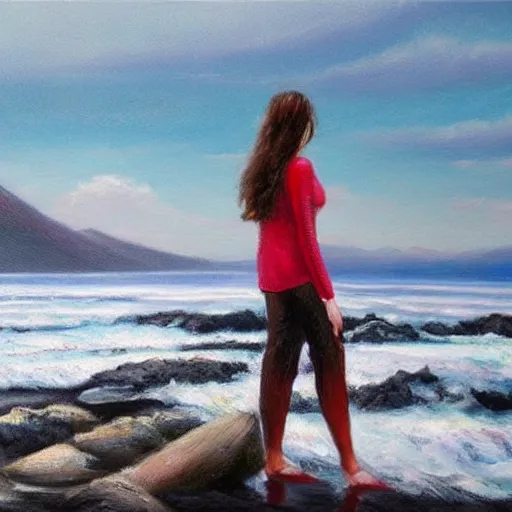 Image similar to detailed stunning oil painting of lonely girl standing on the rocky shore of a cold beach, snowy mountains in the background, car sinking in water,