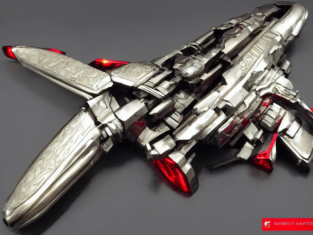 Image similar to futuristic weapon made of brushed metal, chrome and carbon, intricate gold linings, red leds