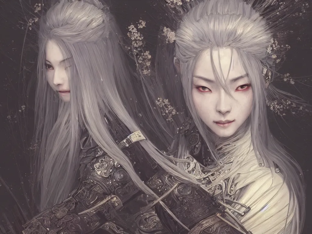 Prompt: portrait grey hair beautiful samurai girl, armor samurai wardrobe, in fired honnoji temple wet night, ssci - fi and fantasy, intricate and very very beautiful and elegant, highly detailed, digital painting, artstation, concept art, smooth and sharp focus, illustration, art by tian zi and wlop and alphonse mucha