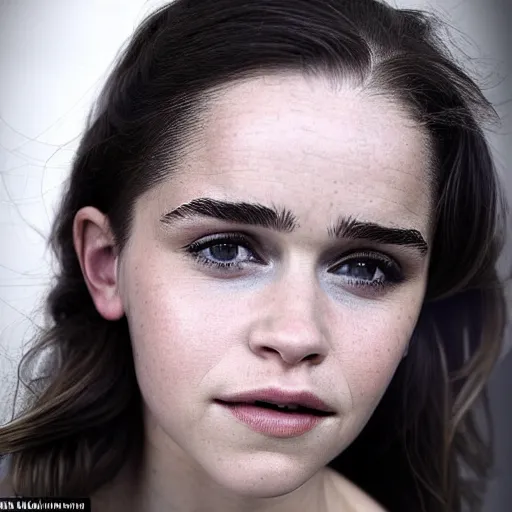 Image similar to a woman who is a genetic combination of emilia clarke and emma watson face and upper - body focus