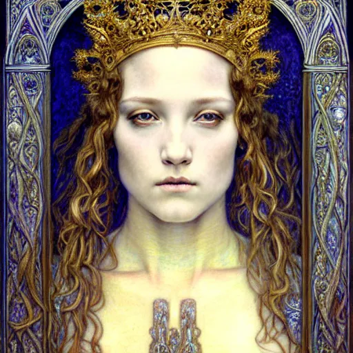 Image similar to detailed realistic beautiful young medieval queen face portrait by jean delville, gustave dore and marco mazzoni, art nouveau, symbolist, visionary, gothic, pre - raphaelite. horizontal symmetry