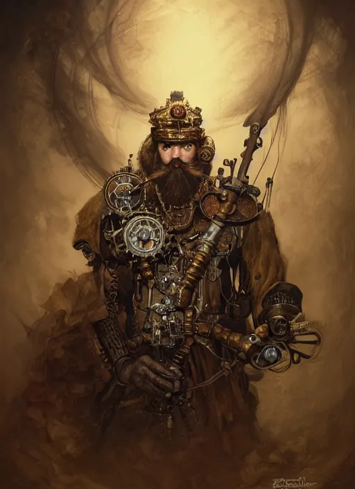 Image similar to portrait of a steampunk bearded king, grim - lighting, high - contrast, intricate, elegant, highly detailed, centered, digital painting, artstation, concept art, smooth, sharp focus, illustration, artgerm, tomasz alen kopera, peter mohrbacher, donato giancola, joseph christian leyendecker, wlop, boris vallejo