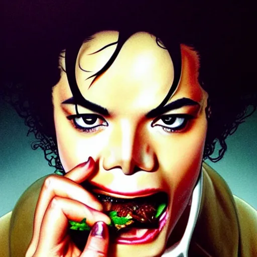 Image similar to portrait of a Michael Jackson eating a hamburger, extra onions and ketchup, luscious patty with sesame seeds, masculine, handsome, D&D, fantasy, intricate, elegant, highly detailed, digital painting, artstation, concept art, matte, sharp focus, illustration, art by Artgerm and Greg Rutkowski and Alphonse Mucha