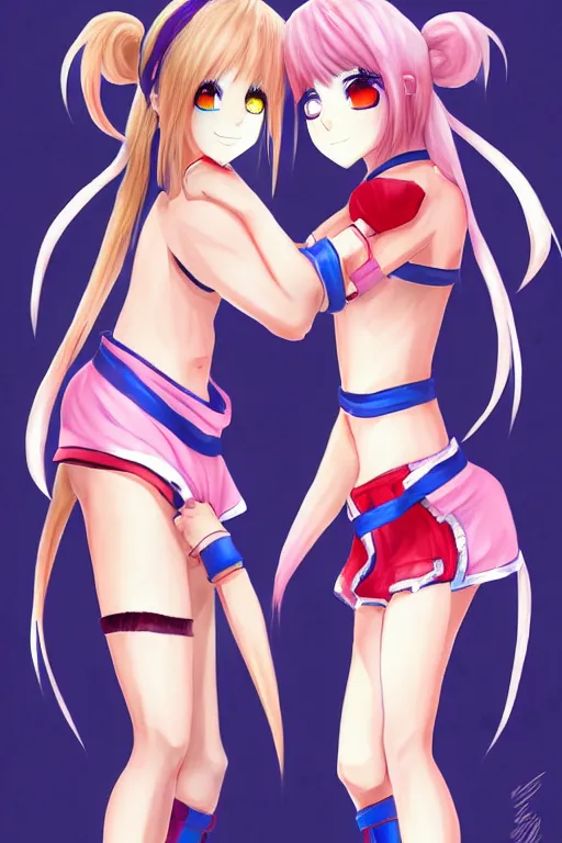 Image similar to two beautiful female fighters with pigtails facing each other, detailed anime art