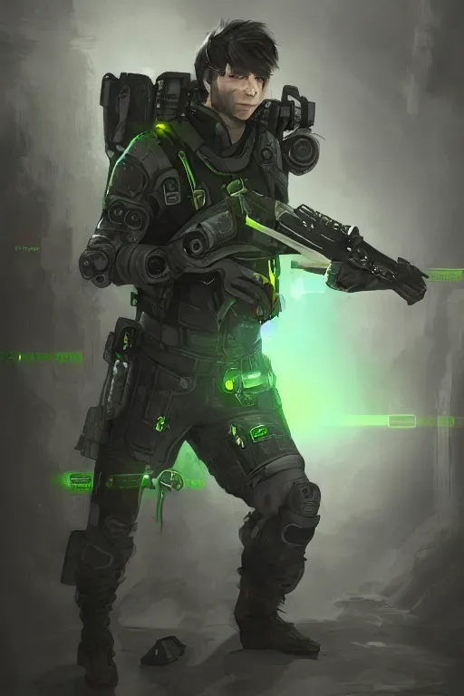 Image similar to a futuristic saboteur carrying multiple bombs in his body, green eyes, highly detailed, digital art, sharp focus, ambient glow, trending on art station, fantasy art style