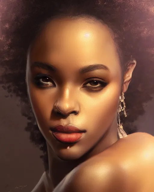 Image similar to Love as a beautiful black princess, gorgeous, portrait, powerful, intricate, beautiful, masterpiece, elegant, volumetric lighting, back lighting, rimlight, dramatic lighting, digital painting, highly detailed, artstation, sharp focus, illustration, Artgerm, Jean-Léon Gérôme , ruan jia