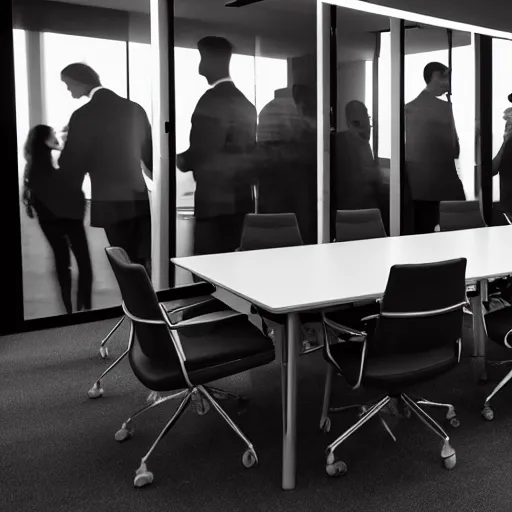 Image similar to a long shot, color studio photographic of a well designed conference meeting room with several business persons actively discussing and expressing various opinions, dramatic backlighting, photo from business insider 2 0 1 9, ultra realistic