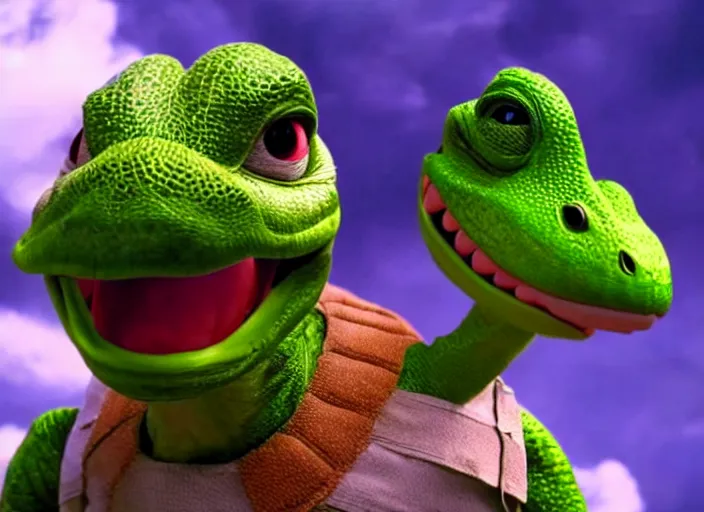 Image similar to film still of yoshi in the new sci - fi movie, upright dinosaur with a small turtle shell and long tongue, 8 k