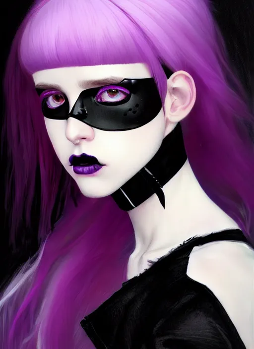 Prompt: portrait of white teenage girl, normal face, black bangs, mall goth, cyberlox, black and white hair, bangs, fluffy bangs, red contact lenses, purple lipstick, intricate, elegant, highly detailed, digital painting, artstation, concept art, sharp focus, smooth, illustration, art by wlop, mars ravelo and greg rutkowski