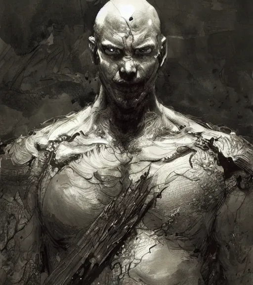 Image similar to portrait of menacing bald man with burn scars in scale armor, pen and ink, intricate line drawings, by craig mullins, ruan jia, kentaro miura, greg rutkowski, loundraw