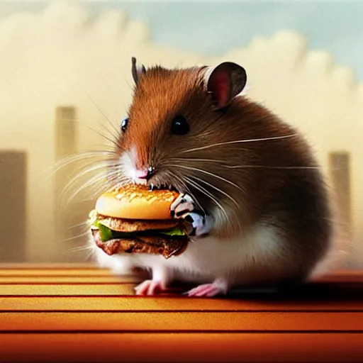 Image similar to a hamster eating a hamburger on a giant building,photorealiatic,hyperdetailed,hyperrealistic,studio lighting,studio photography,professional photography,professional lighting,detailed face,3 point lighting,4k,detailed face,hyperdetaiped,photorealistic,art by greg rutkowski,digital art