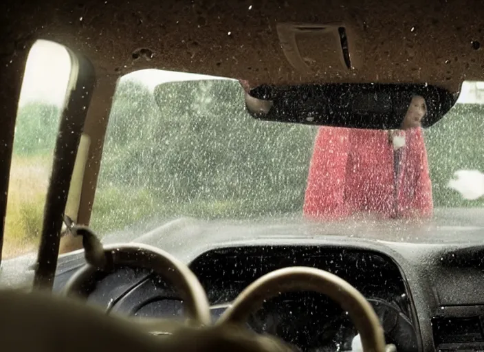 Image similar to A very high resolution image from a new movie, inside of a car, raining, hot, directed by wes anderson