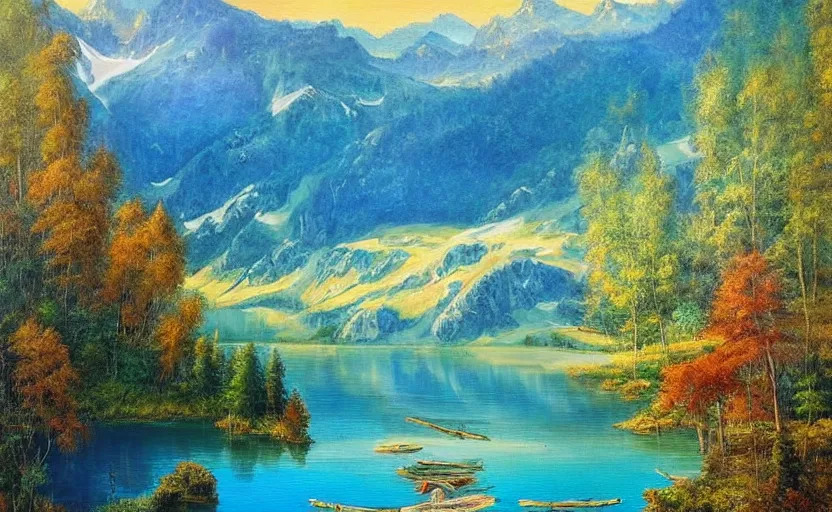 Image similar to beautiful award winning mythical painting of an austrian lake, 4 k, ultra hd