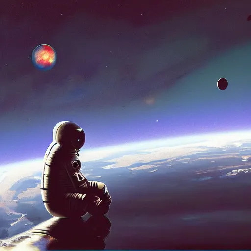 Image similar to long shot of astronaut sitting in space, calm, soothing, relaxed, cosy, quiet, elegant, digital painting, realism, cyberpunk art, acrylic on canvas, flooko,