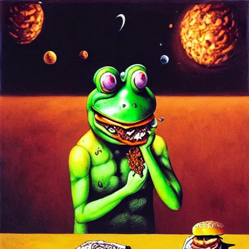 Prompt: a man with a frog head eating cheeseburger in front of devastating broken building in space, by by otto dix, junji ito, hr ginger, jan svankmeyer, beksinski, claymation, hyperrealistic aesthetic, masterpiece