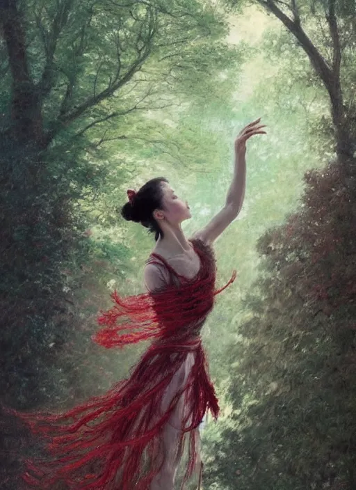 Image similar to a gorgeous prima ballerina japanese art with a red scarf, medium long brown hair, green eyes, is looking at a bird, ethereal, horror, fantasy art by greg rutkowski and magali villeneuve and claude monet