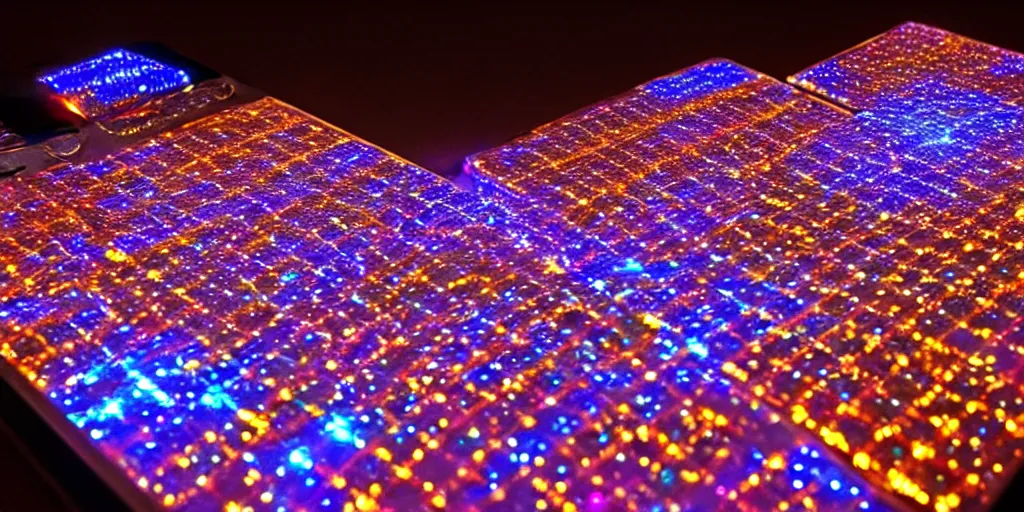 Image similar to 9-track machines made of digital grids and glowing stones with embedded LEDs. amber glowing screens.