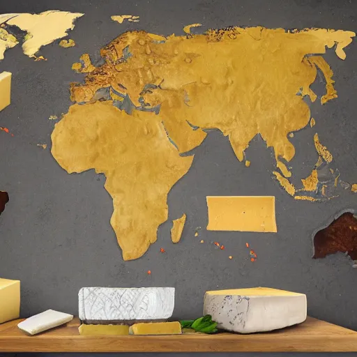 Image similar to a map of the world made out of cheese and wine