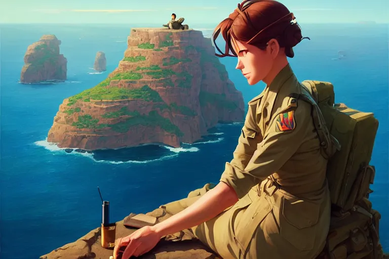 Prompt: a painting of a military woman sitting on a cliff, smoking a cigarette, a character portrait by rhads, makoto shinkai and lois van baarle, ilya kuvshinov, rossdraws global illumination and tom bagshaw, cg society, fantastic realism, intricate, detailed