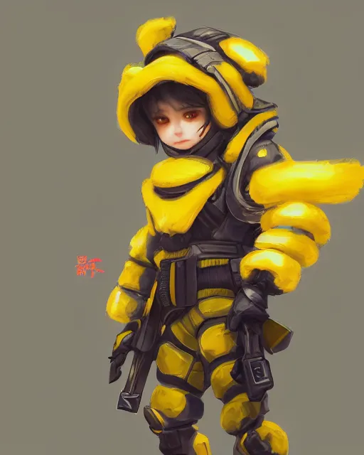 Image similar to a tiny combat kid wearing a puffy yellow jacket and a katana, smooth, intricate, elegant, digital painting, artstation, concept art, sharp focus, octane render, illustration, art by ayami kojima, overwatch character,