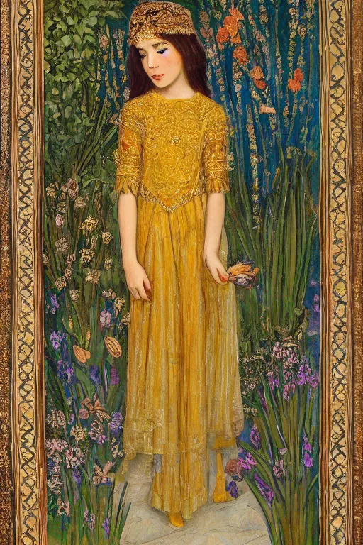 Image similar to girl waer detailed golden arabesque dress with a lot of narcissus in persian pot, persian painting