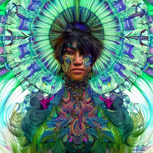 Image similar to Areality bending psychedelic ayahuasca experience, colorful, distorted, surreal, tropical bird feathers, dramatic lighting on the face, intricate, elegant, highly detailed, digital painting, concept art, smooth, sharp focus, illustration, art by Krenz Cushart and Wayne Barlowe and alphonse mucha