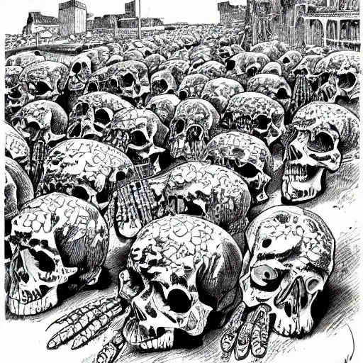 Image similar to Geof Darrow drawing of Psychedelic town of Skulls, medieval town, skulls, drawn by Geof Darrow, trending on artstation