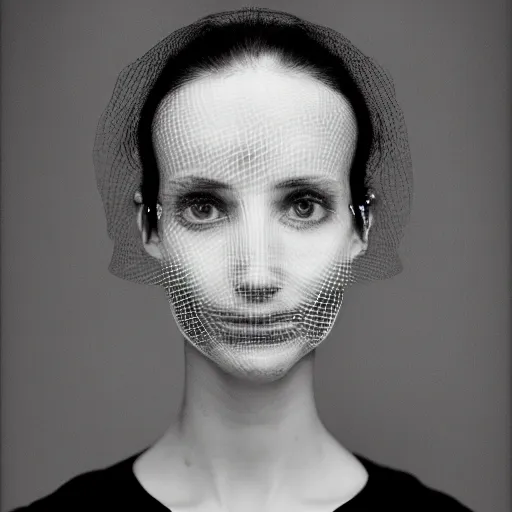 Image similar to portrait of a human with a dignified, symmetrical and beautiful face made out of mesh, taken with medium format mamiya camera 1/8f