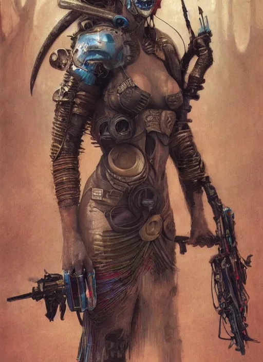 Prompt: postapocalyptic cyborg tribal warrior girl ultra realistic, blade runner, peter mohrbacher, wayne barlowe, boris vallejo, aaron horkey, gaston bussiere