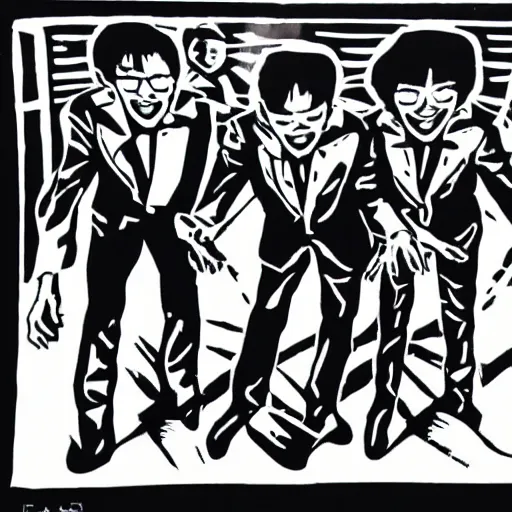 Image similar to a linocut engraving of yellow magic orchestra playing a concert