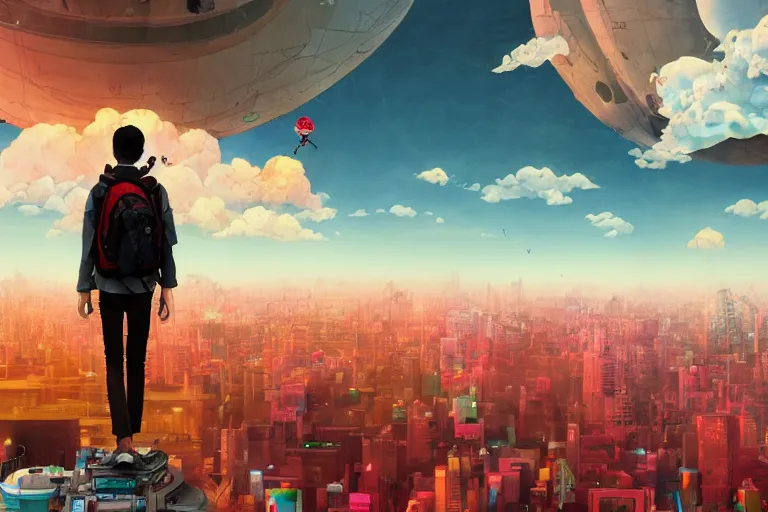 Prompt: a young man with a survivor backpack walking on clouds away from the camera perfectly centered above post - apocalyptic city by takashi murakami, beeple and james jean, aya takano color style, 4 k, super detailed, modern, 4 k, symmetrical