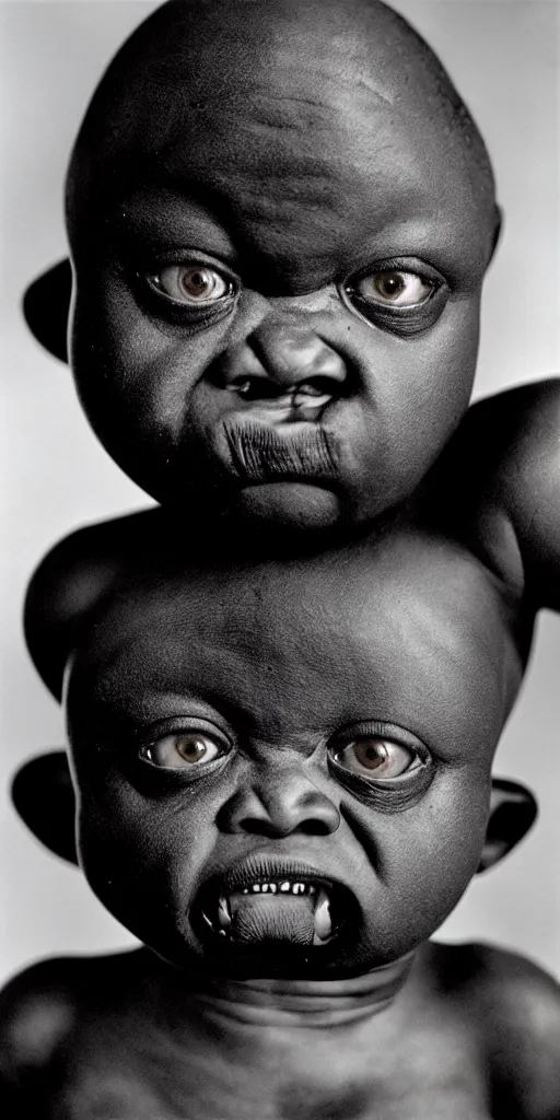 Prompt: award winning photo of african albino baby, dark colors, scary, symmetrical face, beautiful eyes, studio lighting, wide shot art by sally mann & arnold newman & h. r. giger