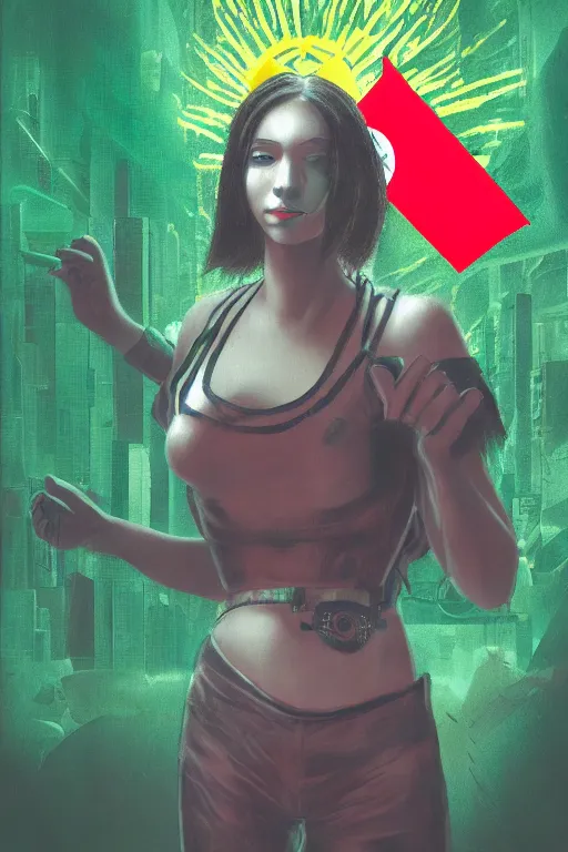 Image similar to cyberpunk girl in front of mexico flag in the style of remedios varo