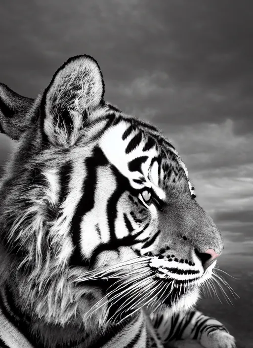 Prompt: two tiger black and white portrait white sky in background